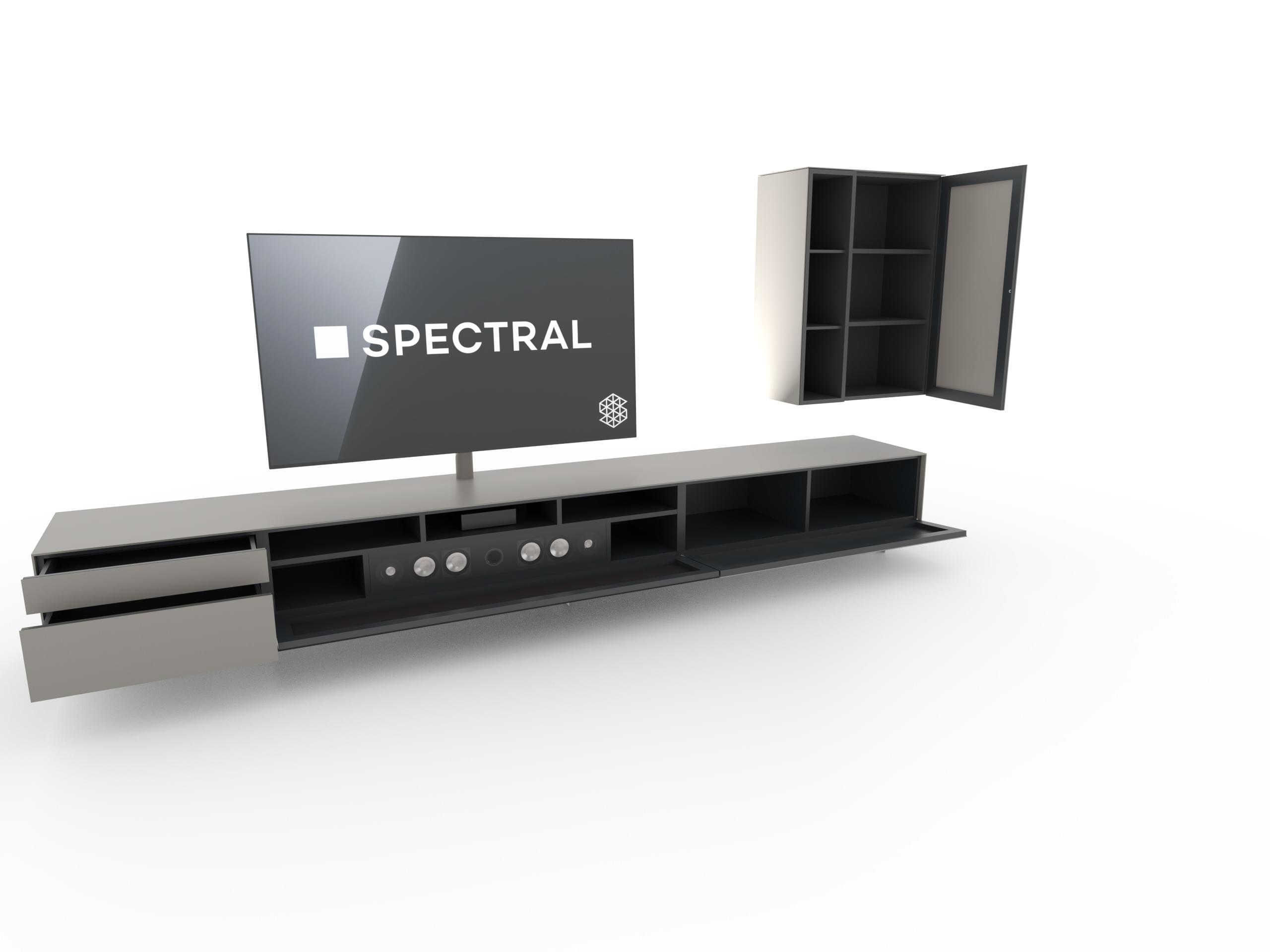 staand tv-meubel 3.45m met spectral sound en bovenkastje in Metallic Bronze