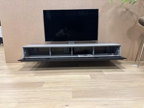 Tv-meubel met klep, 2.00m breed, in gesatineerd glas kleur Grey, incl. led-verlichting