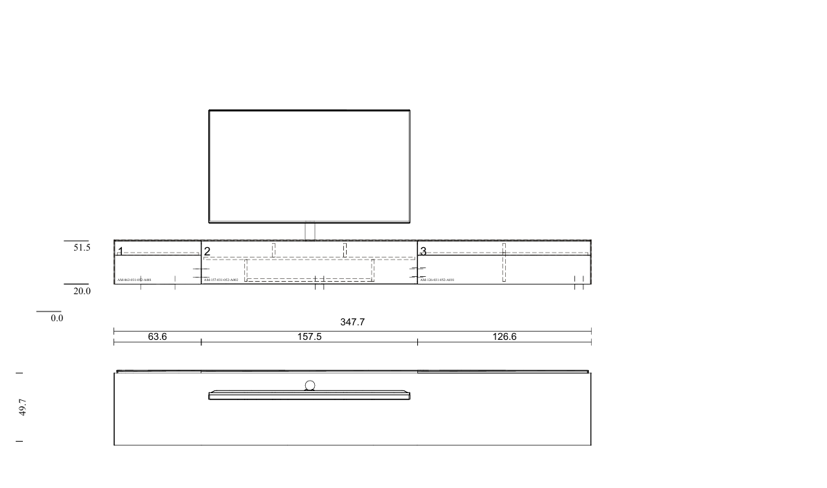 zwevend soundbar tv-meubel 3.47m in NCS gesatineerd glas