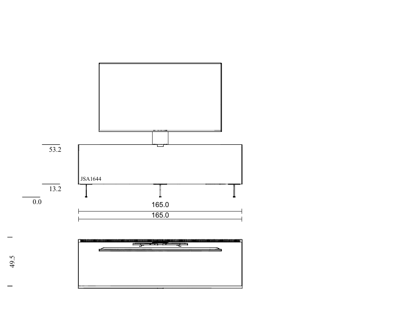 Soundbar tv-meubel, 1.66m breed in glossy black glas, stofbespannen klep, staand model