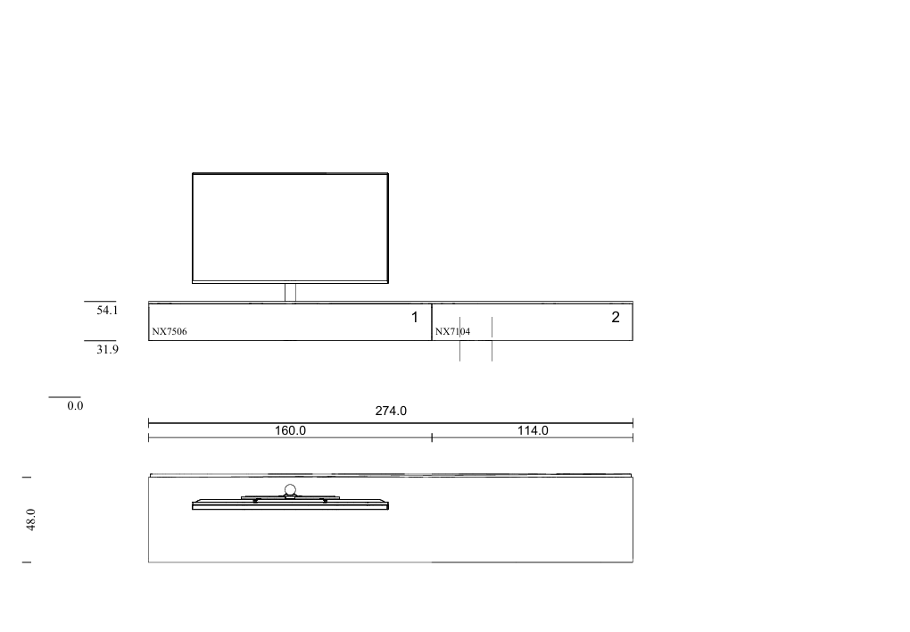 zwevend tv-meubel 2.74m, sound prepared, led-verlichting kleur Pebble